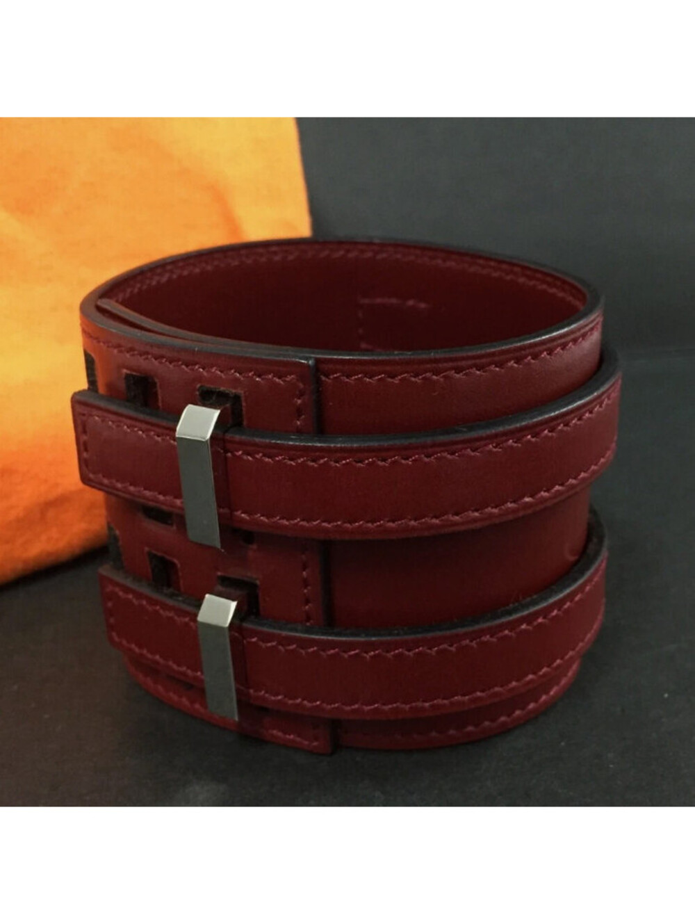 EGA HERMES Double Buckle Leather Wide Bangle Bracelet/6CG2617